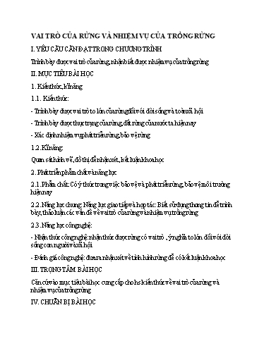 Kế hoạch bài dạy Tham khảo Công nghệ 7 - Chủ đề: Vai trò của rừng và nhiệm vụ của trồng rừng