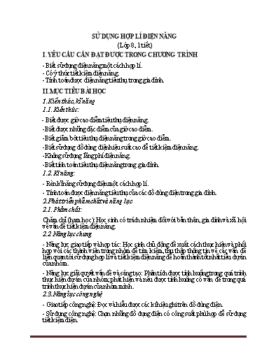 Kế hoạch bài dạy Tham khảo Công nghệ 8 - Chủ đề: Sử dụng hợp lí điện năng