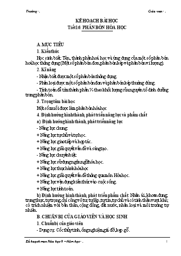Kế hoạch bài dạy Tham khảo Hóa học 9 - Tiết 16: Phân bón hóa học