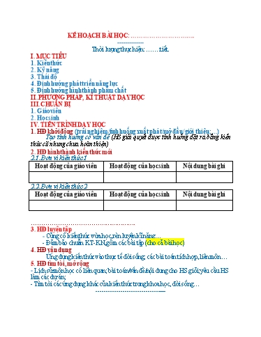 Mẫu Kế hoạch bài dạy - Môn Hóa học