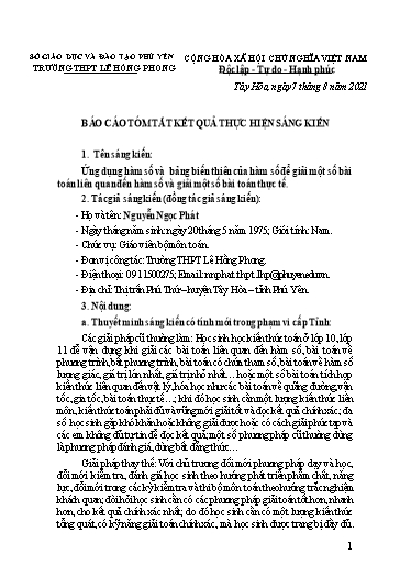 Báo cáo SKKN Ứng dụng hàm số và bảng biến thiên của hàm số để giải một số bài toán liên quan đến hàm số và giải một số bài toán thực tế