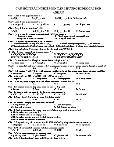 Câu hỏi Trắc nghiệm Ôn tập Môn Hóa học 11 - Chương 5. Hidrocacbon - Ankan