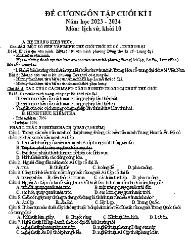 Đề cương Ôn tập Cuối Học kỳ 1 - Môn Lịch Sử Lớp 10 - Năm học 2023-2024