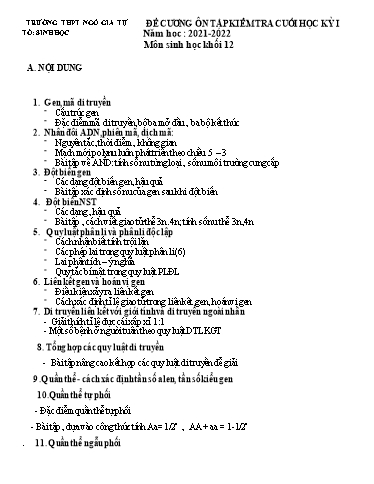 Đề cương Ôn tập Cuối kì I - Môn Sinh Học 12 Năm học 2021-2022
