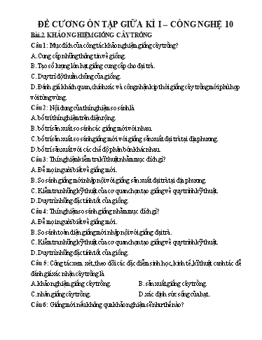 Đề cương Ôn tập Giữa Học kì I Môn Công Nghệ Lớp 10 Năm học 2021-2022
