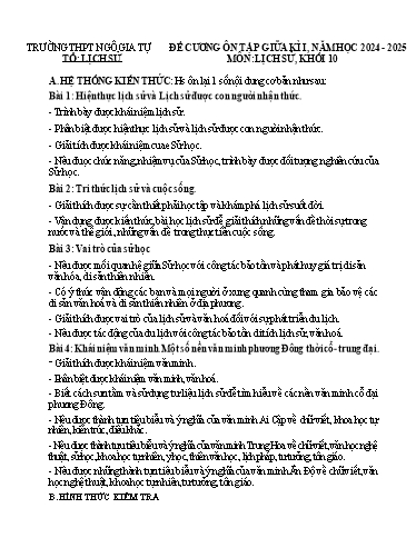 Đề cương Ôn tập Giữa Học kỳ 1 - Môn Lịch Sử Lớp 10 - Năm học 2024-2025