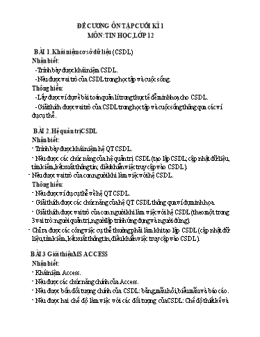 Đề cương Ôn tập Kiểm tra cuối kì I - Môn Tin học 12