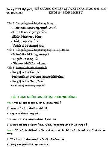 Đề cương Ôn tập Kiểm tra giữa kì I - Môn Lịch Sử 10 Năm học 2021-2022