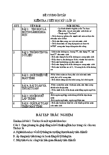 Đề cương Ôn tập Kiểm tra giữa kì I - Môn Tin Học 10