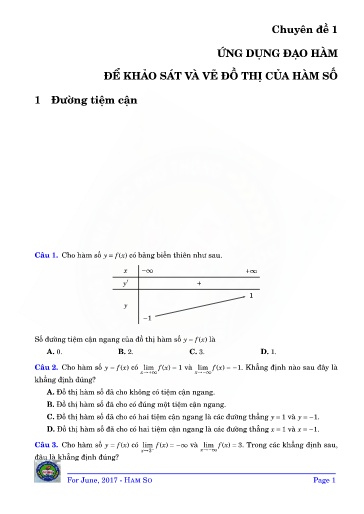 Đề cương Ôn tập TN THPT QG Năm 2017 Môn Toán - Chuyên đề: Ứng dụng Đạo Hàm. Đề Khảo sát và vẽ đồ thị của hàm số