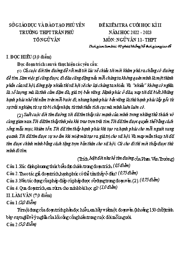 Đề Kiểm tra Cuối Học kì 2 Môn Ngữ Văn 11 Năm học 2022-2023 (Kèm hướng dẫn chấm)