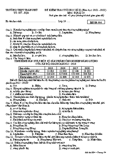 Đề Kiểm tra Cuối học kì II Môn Địa Lí 10 Năm học 2021-2022 (Mã đề 004)