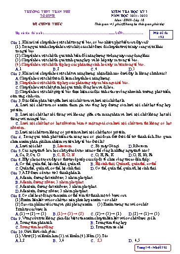 Đề Kiểm tra Cuối kì 1 môn Sinh Học 10 Năm học 2021-2022 (Có đáp án)