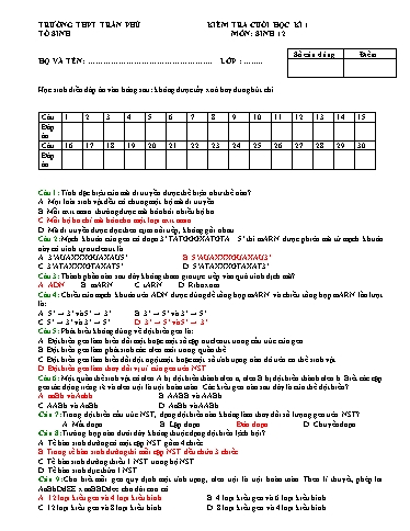 Đề Kiểm tra Cuối kì 1 môn Sinh Học 12 (Có đáp án)
