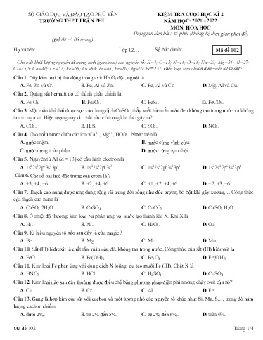 Đề Kiểm tra Cuối kì 2 môn Hóa Học 12 Năm học 2021-2022 - Mã đề 102 (Có đáp án)