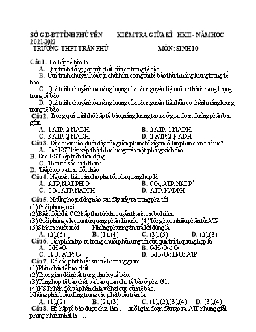 Đề Kiểm tra Giữa học kì 2 môn Sinh Học 10 Năm học 2021-2022 (Có đáp án)