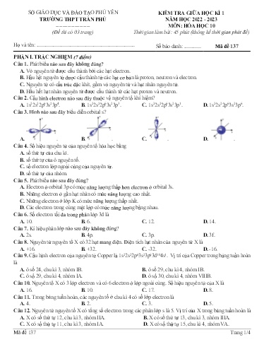 Đề Kiểm tra Giữa kì 1 môn Hóa Học 10 Năm học 2022-2023 - Mã đề 137 (Có đáp án)