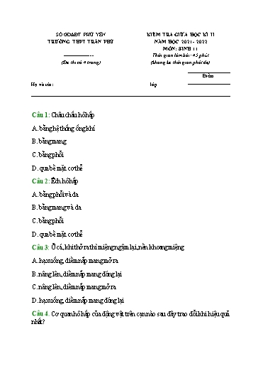 Đề Kiểm tra Giữa kì 2 môn Sinh Học 11 Năm học 2021-2022 (Có đáp án)