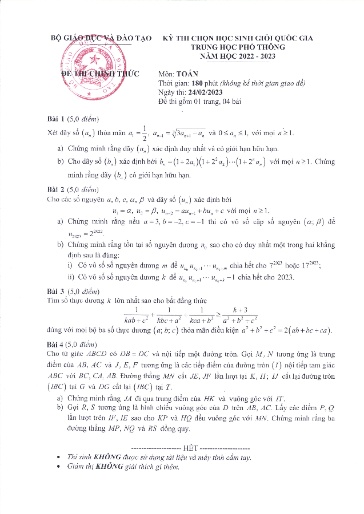 Đề thi chính thức Kỳ thi HSG THPTQG Năm học 2022-2023 - Môn Toán (Kèm đáp án chi tiết)