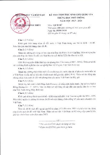 Đề thi chính thức Kỳ thi HSG THPTQG Năm học 2023-2024 - Môn Lịch Sử (Kèm đáp án chi tiết)