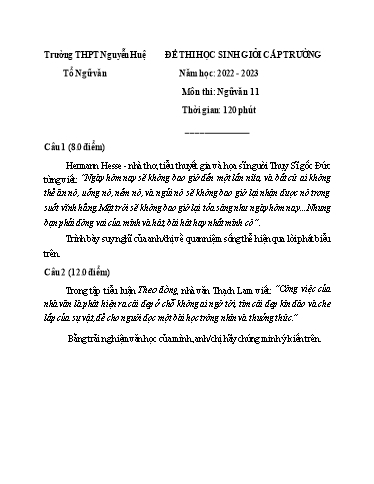 Đề thi HSG Cấp Trường - Môn Ngữ Văn Khối 11 Năm học 2022-2023 (Kèm đáp án)