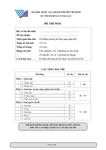 Đề thi mẫu Kỳ thi đánh giá năng lực - Đại học Quốc gia TP Hồ Chí Minh (Kèm giải chi tiết)