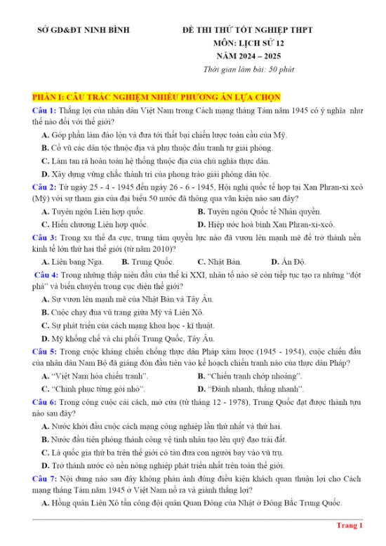 Đề thi thử TN THPT Môn Lịch Sử 12 Năm 2024-2025 - Sở GD & ĐT Ninh Bình (Có lời giải)