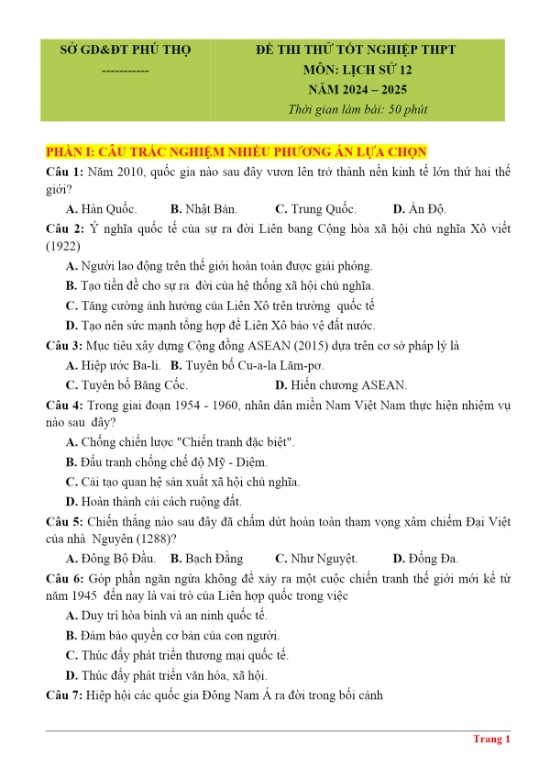 Đề thi thử TN THPT Môn Lịch Sử 12 Năm 2024-2025 - Sở GD & ĐT Phú Thọ (Có lời giải)