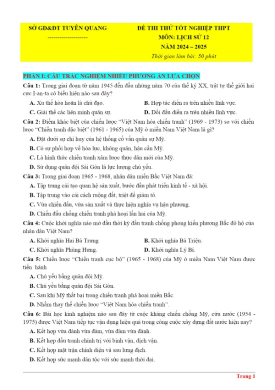 Đề thi thử TN THPT Môn Lịch Sử 12 Năm 2024-2025 - Sở GD & ĐT Tuyên Quang (Có lời giải)