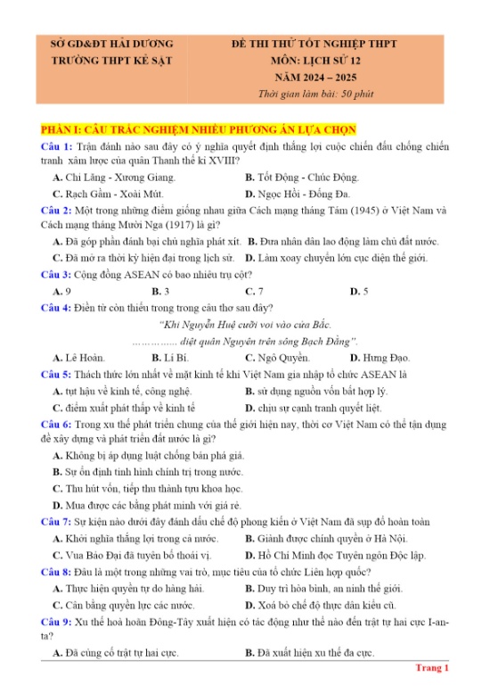 Đề thi thử TN THPT Môn Lịch Sử 12 Năm 2024-2025 - Trường THPT Kẻ Sặt - Hải Dương (Có lời giải)