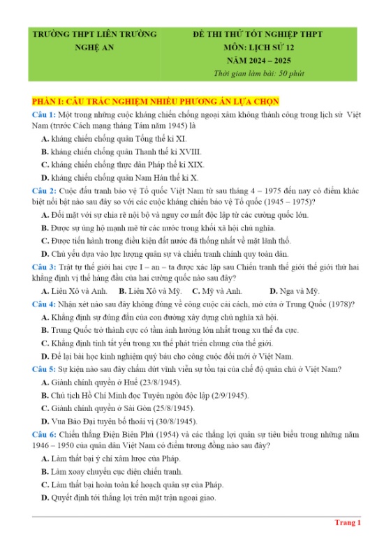 Đề thi thử TN THPT Môn Lịch Sử 12 Năm 2024-2025 - Trường THPT Liên trường - Nghệ An (Có lời giải)