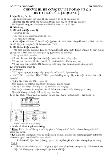 NDHT Môn Tin Học 12 Học kì 2 - Chương 3, 4: Hệ cơ sở dữ liệu quan hệ. Kiến trúc và bảo mật các hệ CSDL - Năm học 2019-2020