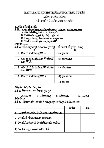 Bài tập Toán 6 - Chủ đề: Góc - Số đo góc
