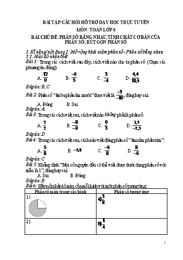 Bài tập Toán 6 - Chủ đề: Phân số bằng nhau, tính chất cơ bản của phân số. Rút gọn phân số