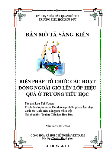 Đơn công nhận Sáng kiến Biện pháp tổ chức các hoạt động ngoài giờ lên lớp hiệu quả ở Trường Tiểu học