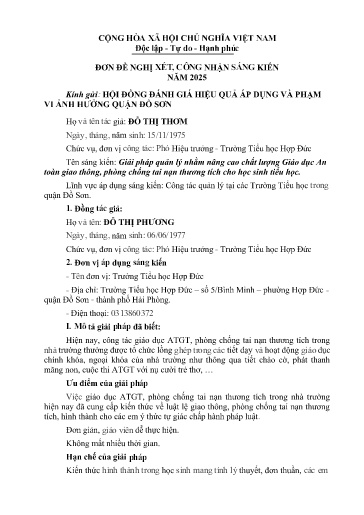 Đơn công nhận Sáng kiến Giải pháp quản lý nhằm nâng cao chất lượng Giáo dục An toàn giao thông, phòng chống tai nạn thương tích cho học sinh tiểu học