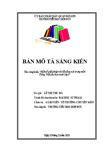 Đơn công nhận Sáng kiến Một số giải pháp rèn kỹ năng nói trong môn Tiếng Việt cho học sinh Lớp 1