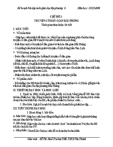 Giáo án Giáo dục địa phương 6 - Chủ đề 3: Truyện cổ dân gian Hải Phòng - Năm học 2023-2024 - Đỗ Thị Huế