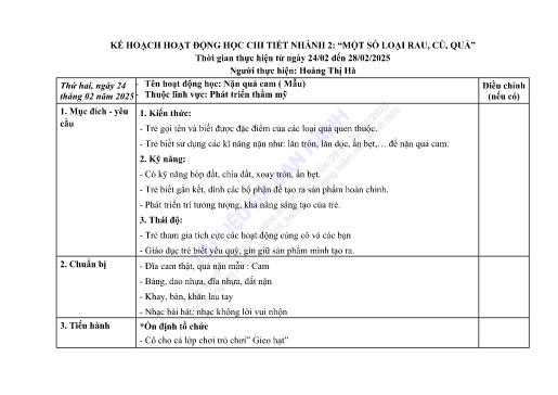 Giáo án Mầm non Lớp Chồi - Nhánh 2: Một số loại rau, củ, quả - Năm học 2024-2025 - Hoàng Thị Hà