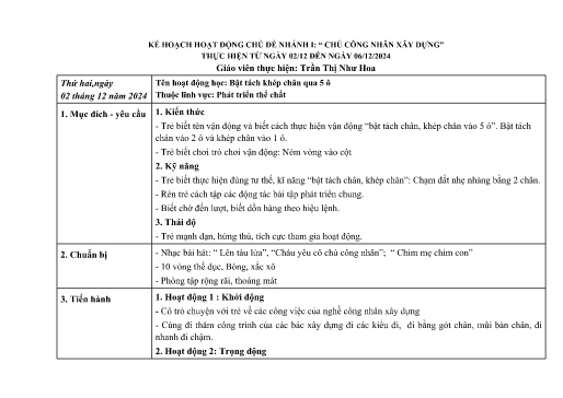Giáo án Mầm non Lớp Chồi - Tuần 1 - Chủ đề: Nghề nghiệp - Năm học 2024-2025 - Trần Thị Như Hoa