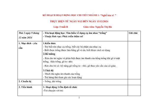 Giáo án Mầm non Lớp Lá - Nhánh 1: Nghề bác sĩ - Năm học 2024-2025 - Nguyễn Thị Hà