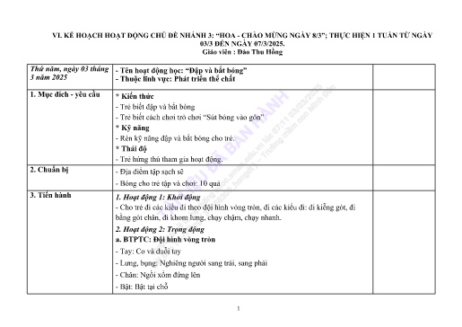 Giáo án Mầm non Lớp Mầm - Chủ đề nhánh 3: Hoa - Chào mừng ngày 8/3 - Năm học 2024-2025 - Đào Thu Hồng