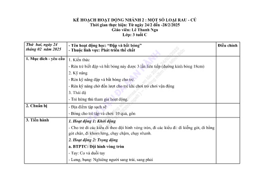 Giáo án Mầm non Lớp Mầm - Nhánh 2: Một số loại rau củ - Năm học 2024-2025 - Lê Thanh Nga
