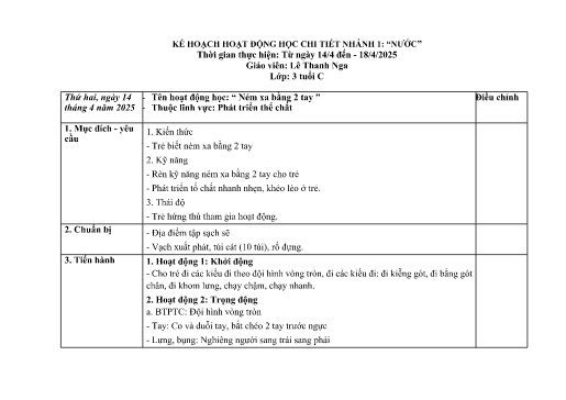 Giáo án Mầm non Lớp Mầm - Tuần 1 - Nhánh 1: Nước - Năm học 2024-2025 - Lê Thanh Nga