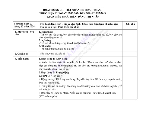 Giáo án Mầm non Lớp Nhà trẻ - Nhánh 1: Hoa - Năm học 2024-2025 - Đặng Thị Nhãn