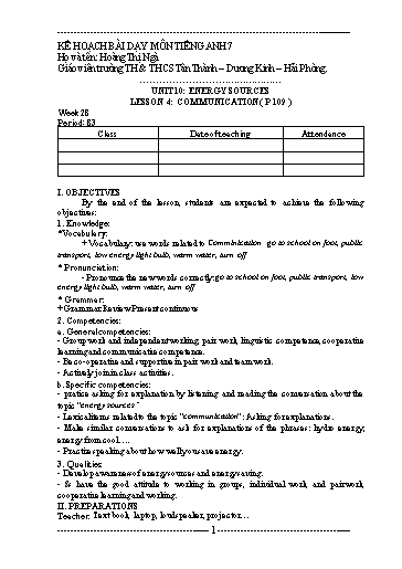 Giáo án Tiếng Anh 7 - Unit 10: Energy sources - Lesson 4 - Hoàng Thị Ngà