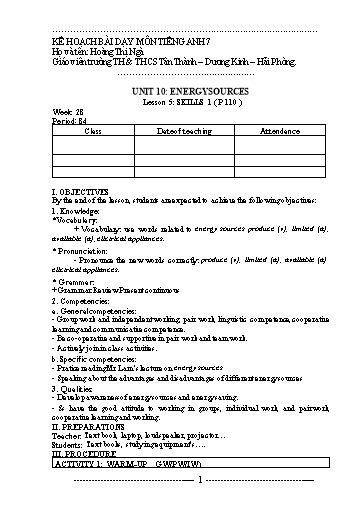 Giáo án Tiếng Anh 7 - Unit 10: Energy sources - Lesson 5 - Hoàng Thị Ngà
