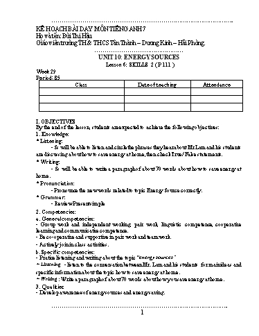 Giáo án Tiếng Anh 7 - Unit 10: Energy sources - Lesson 6 - Bùi Thị Hậu