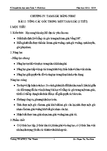 Giáo án Tin học 7 - Bài 12: Tổng các góc trong một tam giác - Năm học 2023-2024 - Phạm Thị Thu Hoài