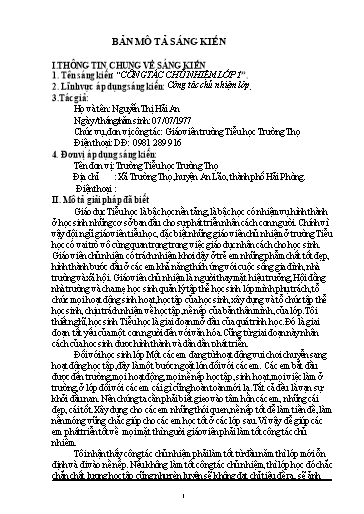 Mô tả sáng kiến Công tác chủ nhiệm Lớp 1